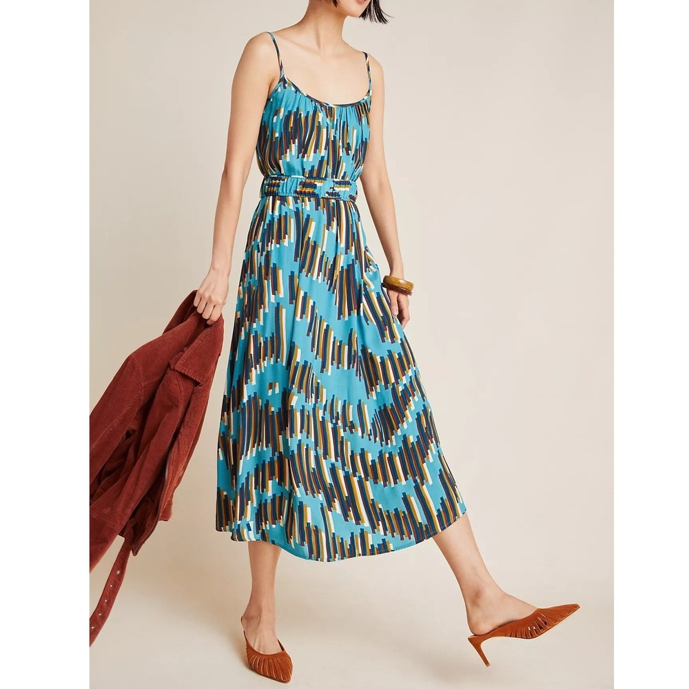 Corey Lynn Calter Carreaux Midi Dress Women XS Blue Geometric Belted Artsy Chic